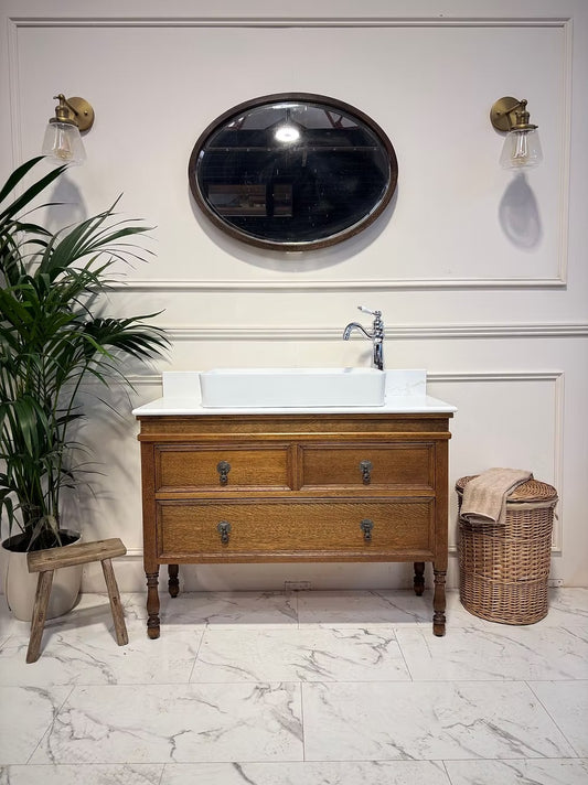 Edwardian Oak Vintage Bathroom Vanity Unit With Basin