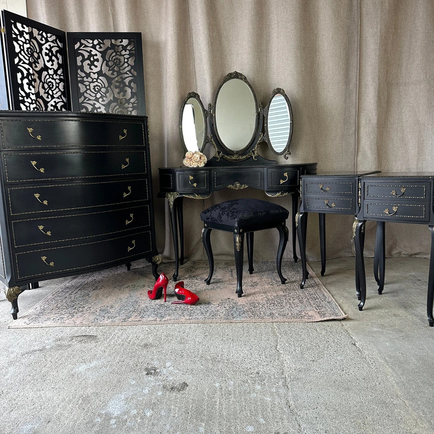 Art Deco Black & Gold Bedroom Furniture Set: Gothic Olympus Style