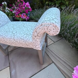 Window Seat, Scroll Armed Bench, Upholstered Cream Willow Fabric Hallway Chair
