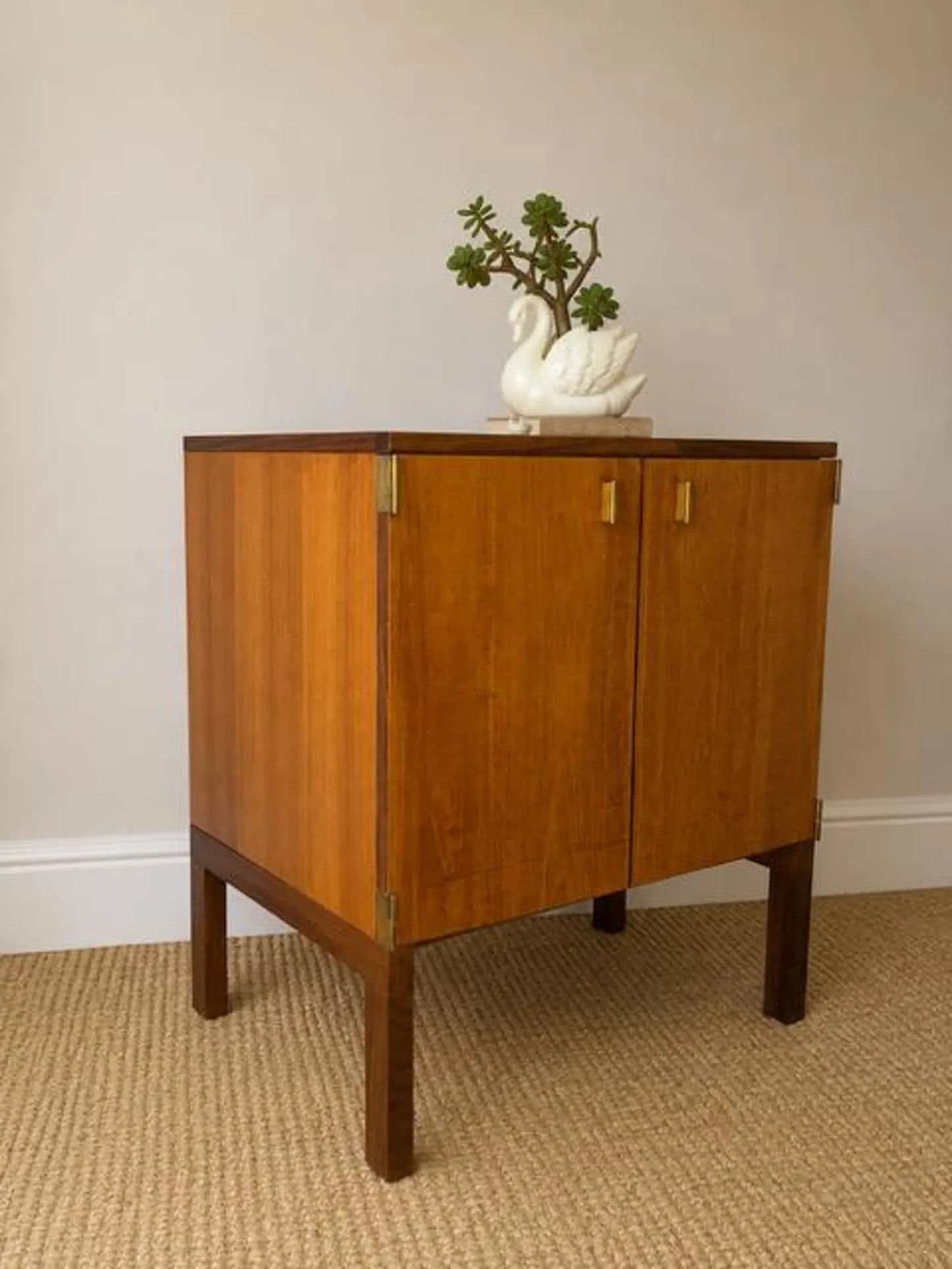 Mid Century Teak Retro Drinks Cabinet | Vintage Bedside Table | Compact Drinks Cabinet | Vinyl Storage | Danish Modern Style
