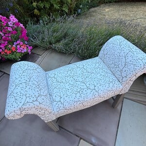 Window Seat, Scroll Armed Bench, Upholstered Cream Willow Fabric Hallway Chair