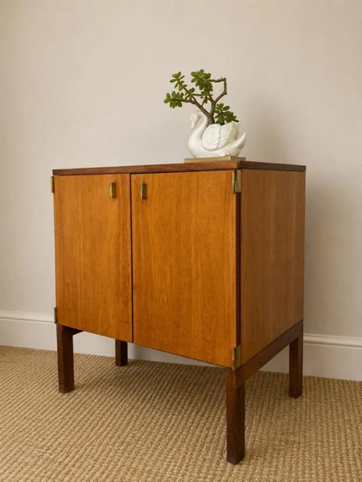 Mid Century Teak Retro Drinks Cabinet | Vintage Bedside Table | Compact Drinks Cabinet | Vinyl Storage | Danish Modern Style