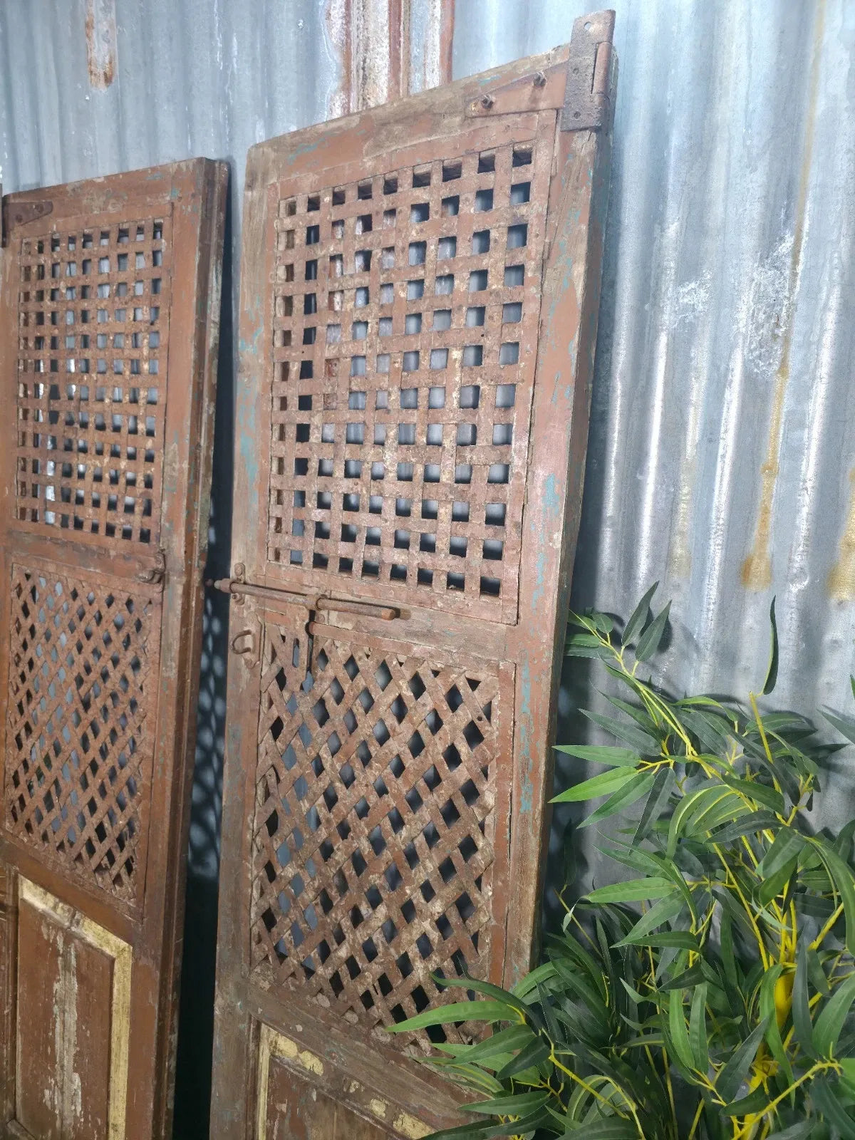 Pair Vintage Rustic Indian Wooden Iron Doors Garden Gates Room Divider Screen