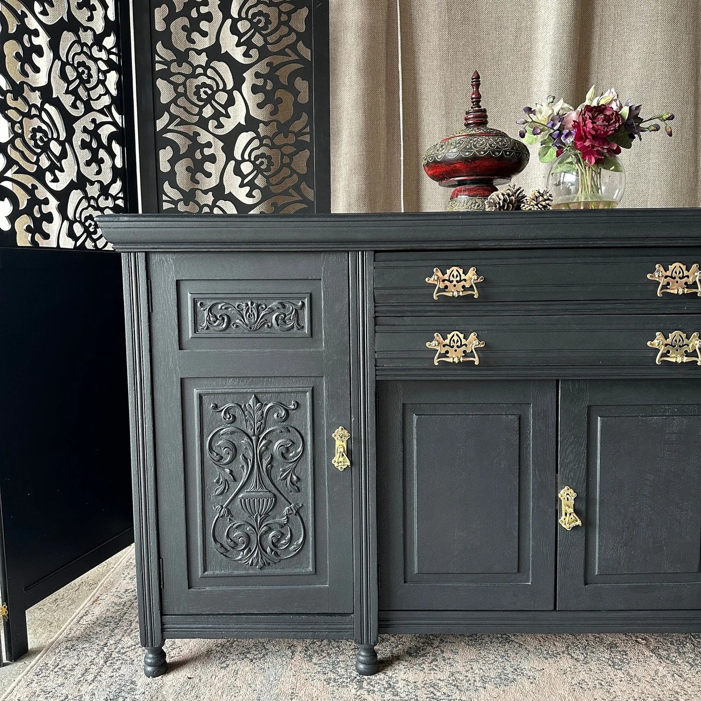 Painted Black Antique Sideboard Victorian Sideboard Heavily Carved