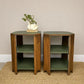 Vintage Art Deco Bedside Tables Pair | Walnut Veneer Nightstands | Olive Green Side Tables | 1930s End Table