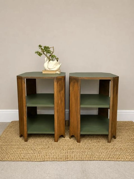 Vintage Art Deco Bedside Tables Pair | Walnut Veneer Nightstands | Olive Green Side Tables | 1930s End Table