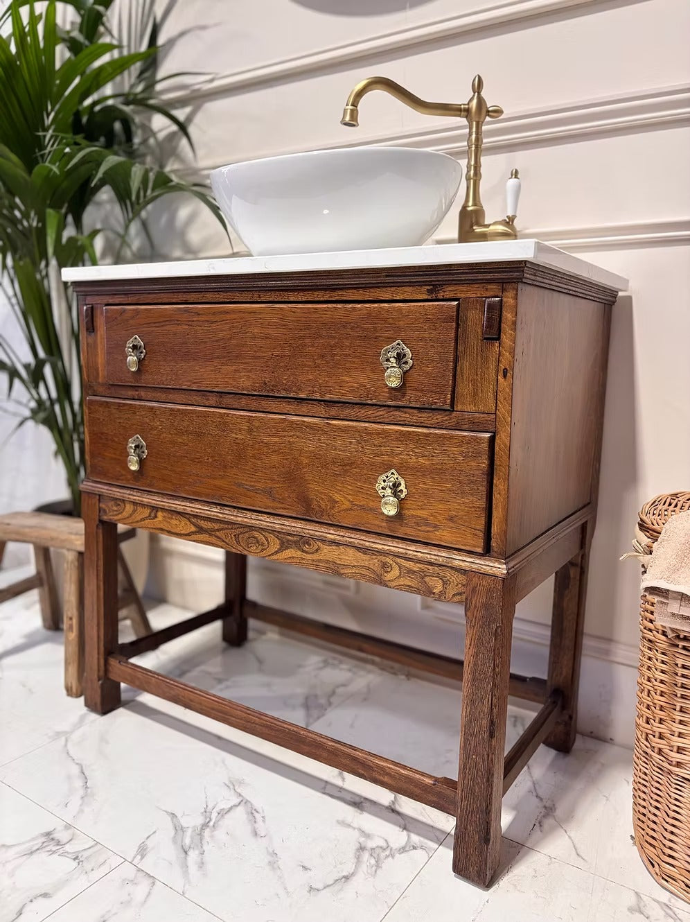 Oak Vintage Bathroom Vanity Unit With Basin