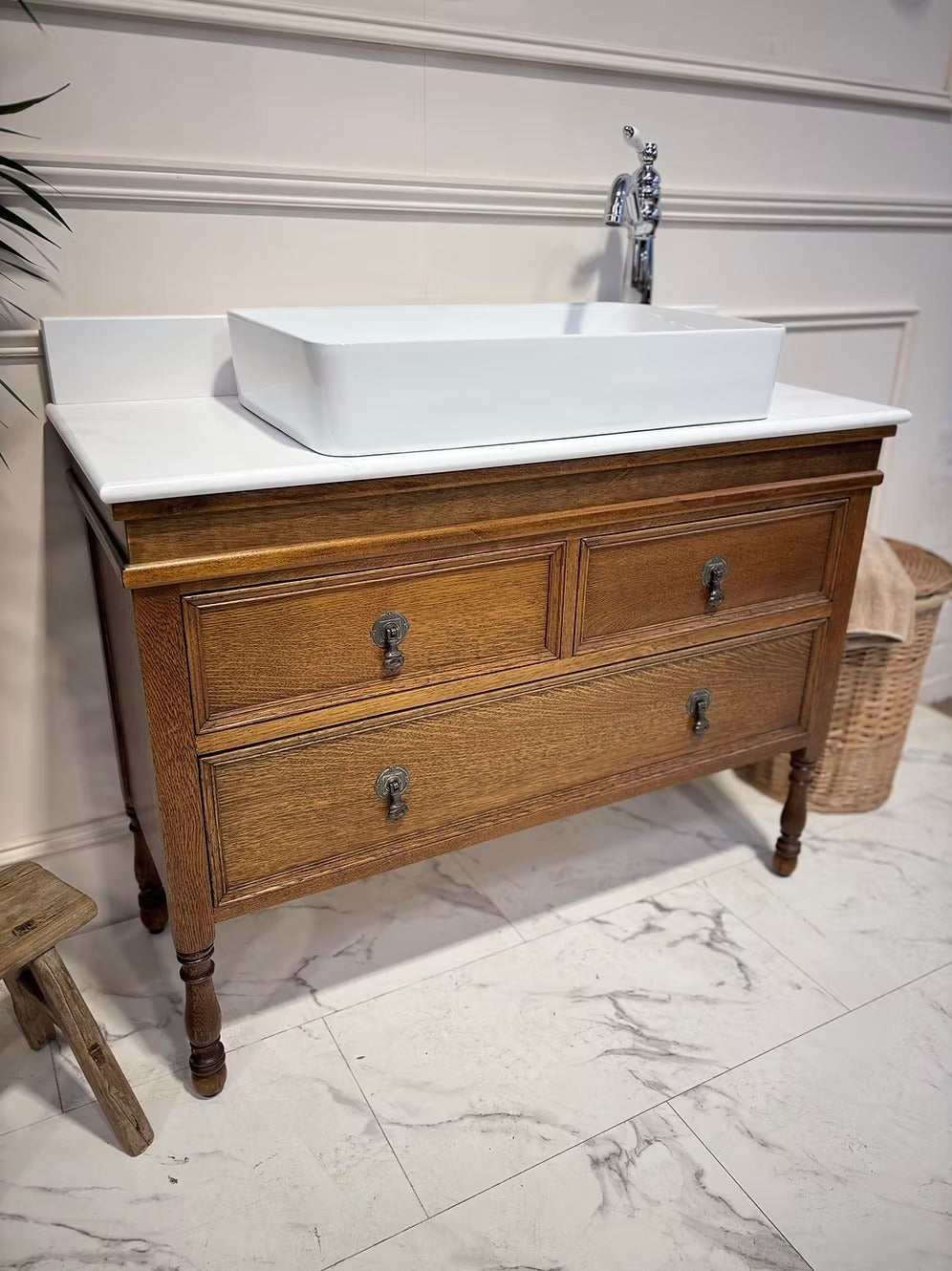 Edwardian Oak Vintage Bathroom Vanity Unit With Basin
