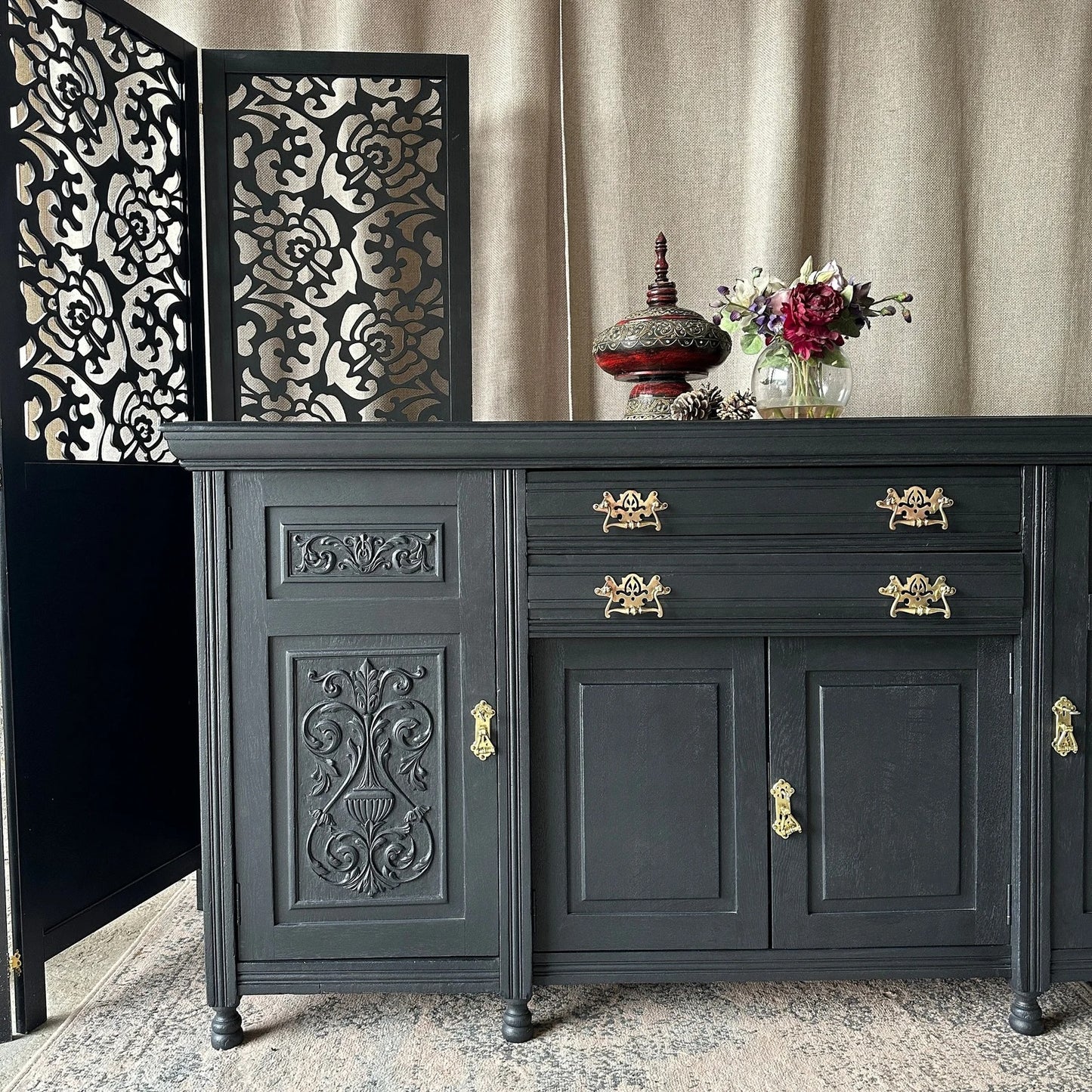 Painted Black Antique Sideboard Victorian Sideboard Heavily Carved