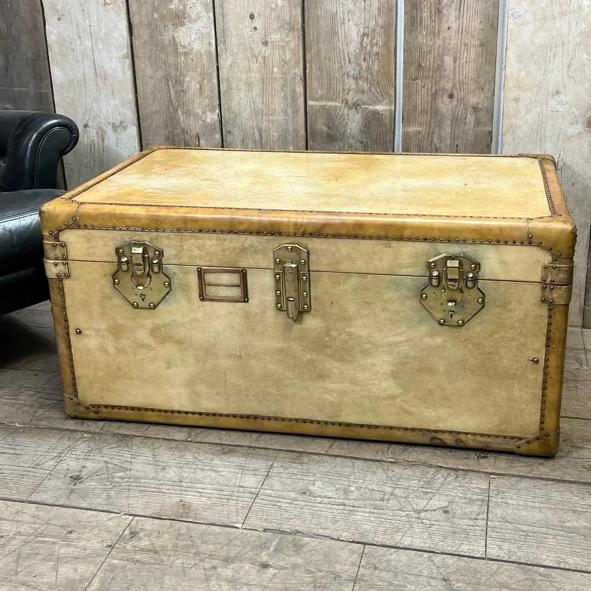 Vintage Vellum Steamer Trunk, 1920s Brass Bound Chest Ottoman