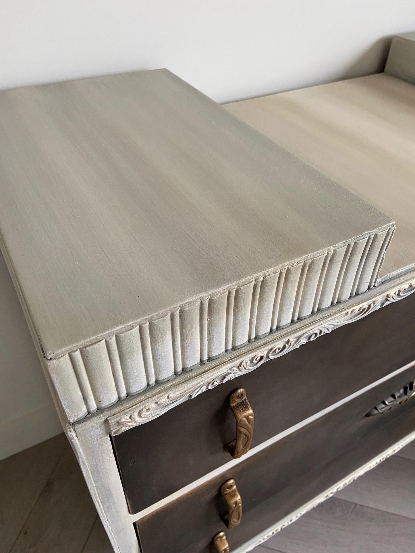 Mid Century Hand Painted Low Chest of Drawers: Bronze Glaze