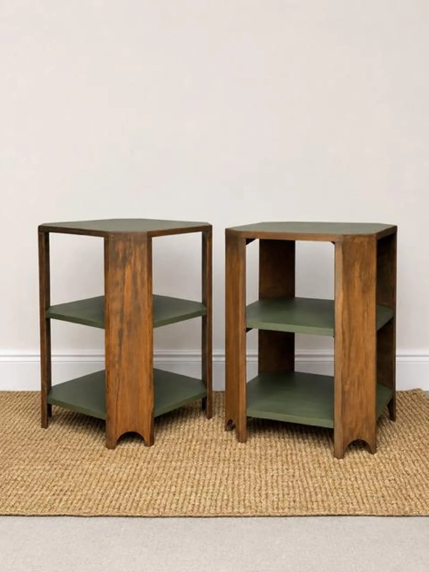 Vintage Art Deco Bedside Tables Pair | Walnut Veneer Nightstands | Olive Green Side Tables | 1930s End Table