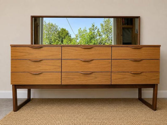 Vintage Europa Dressing Table With Mirror | Mid-Century Retro Sideboard | 9 Drawer Dresser | Media Unit | Scandinavian Furniture