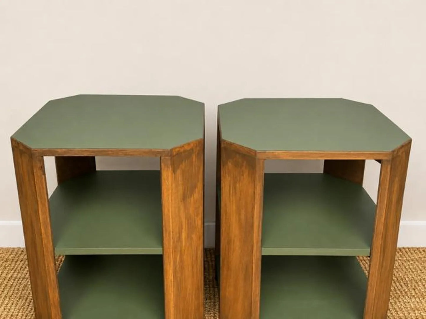 Vintage Art Deco Bedside Tables Pair | Walnut Veneer Nightstands | Olive Green Side Tables | 1930s End Table