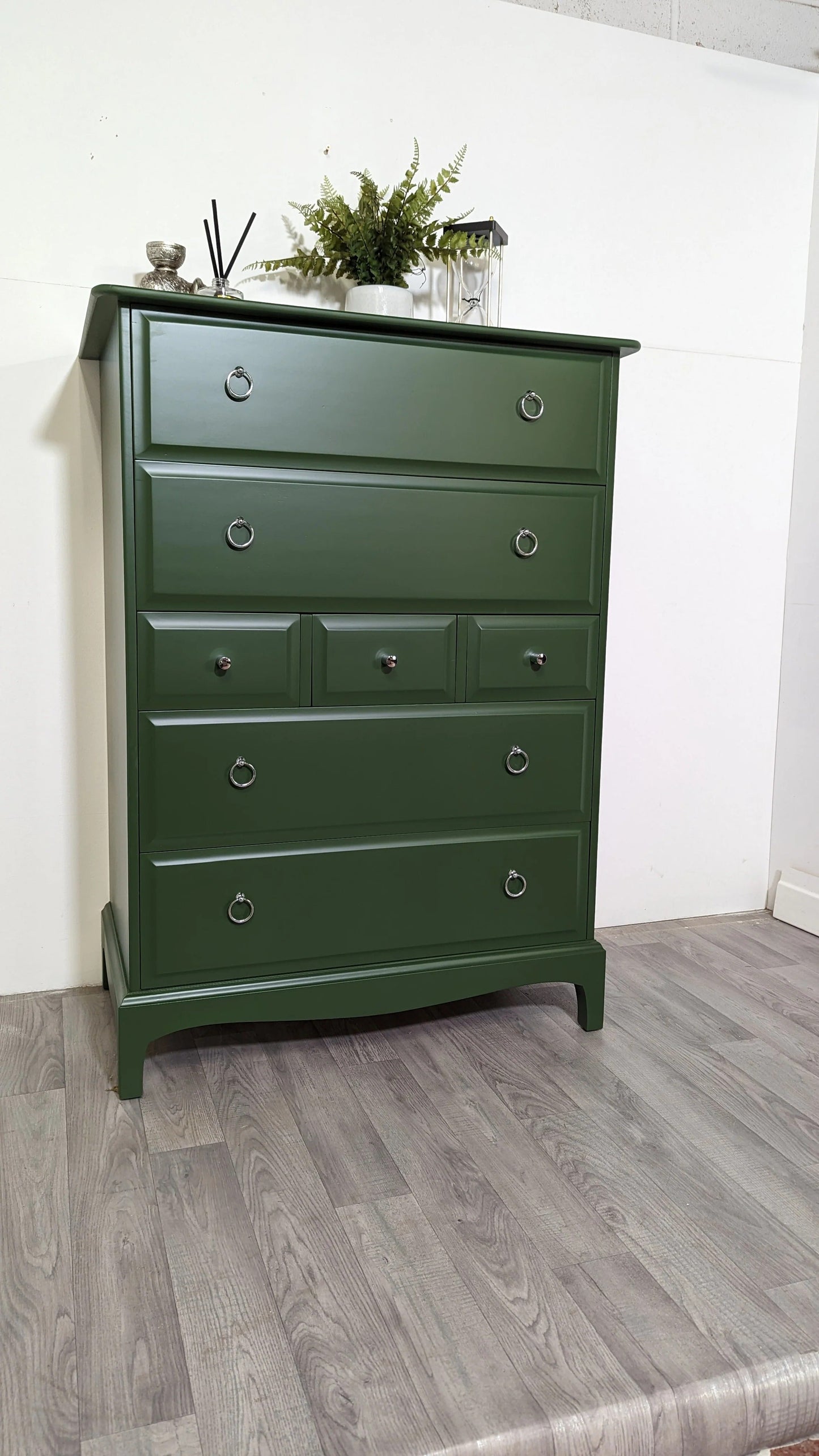 Stag minstrel green tallboy 7 drawer chest of drawers, professionally sprayed green