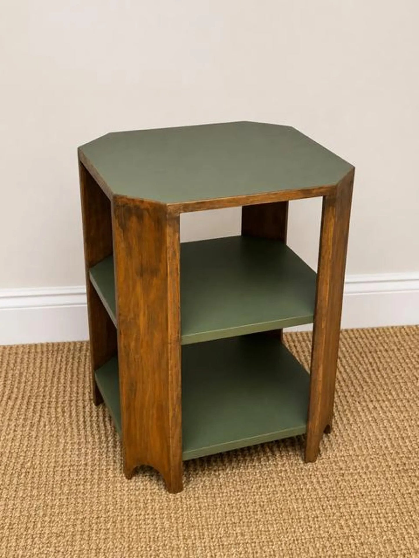Vintage Art Deco Bedside Tables Pair | Walnut Veneer Nightstands | Olive Green Side Tables | 1930s End Table