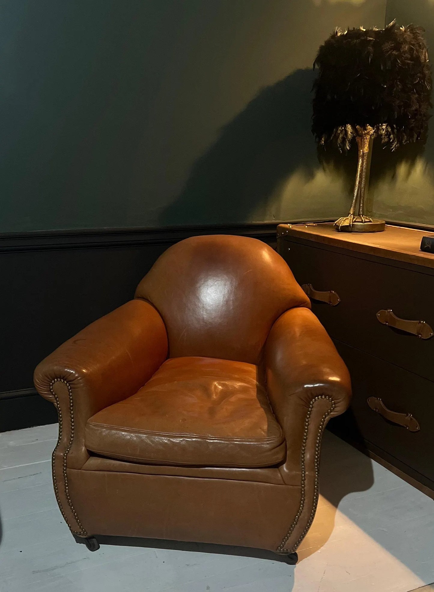 Vintage Tan Leather Wingback Club Chair – English Library Reading Armchair