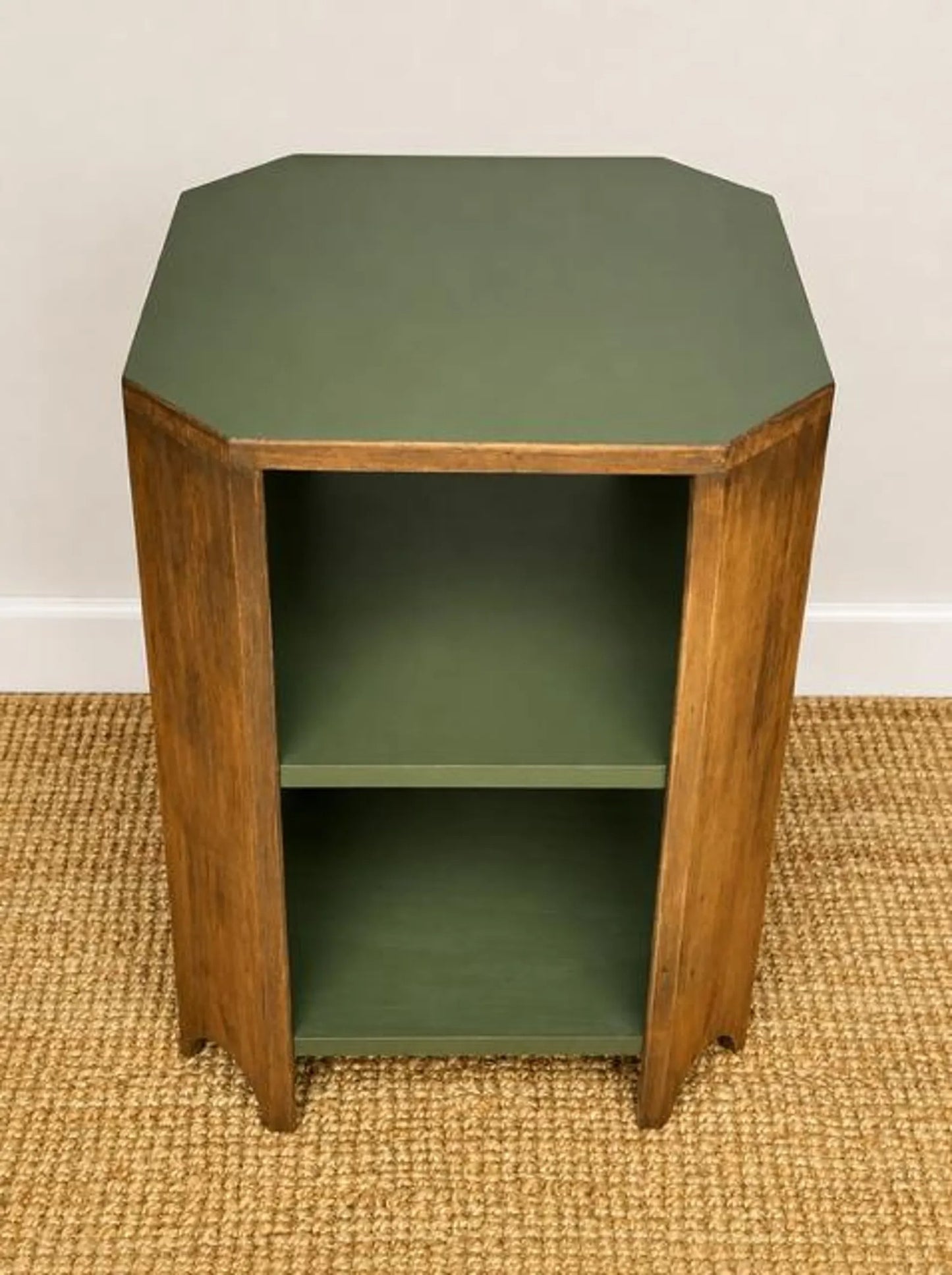 Vintage Art Deco Bedside Tables Pair | Walnut Veneer Nightstands | Olive Green Side Tables | 1930s End Table