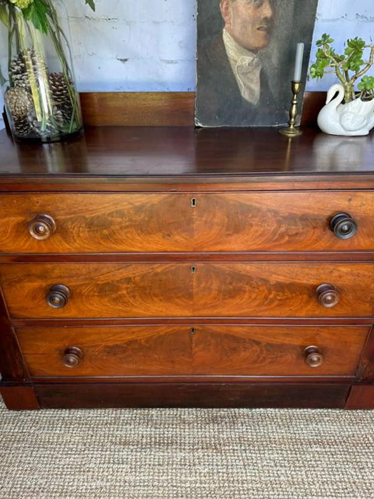 Early Victorian Vintage Flame Mahogany Chest of Drawers | Antique Mahogany Chest | English Country Furniture