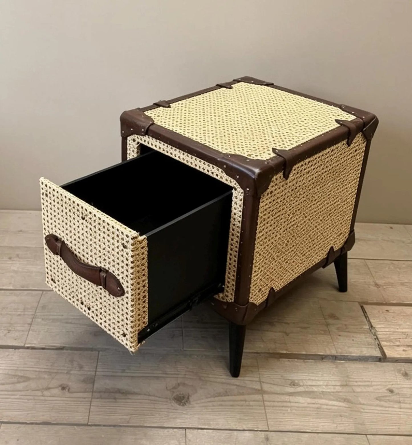 Hollywood Style 1920s Rattan Vintage Bedside Nightstand, Luxury English Handmade Unique Bespoke Chest