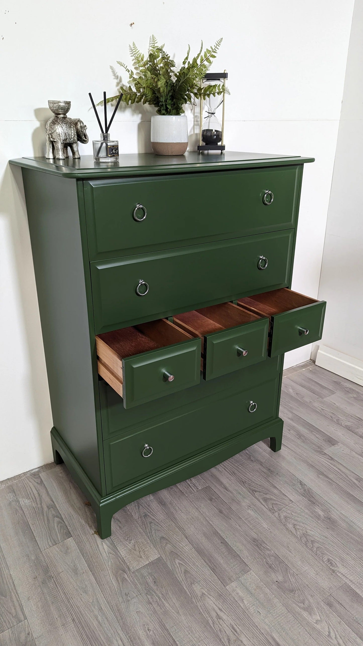 Stag minstrel green tallboy 7 drawer chest of drawers, professionally sprayed green