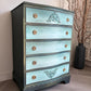 Dark Green, Blue & Metallic Vintage Chest of Drawers, Bow Fronted Mahogany