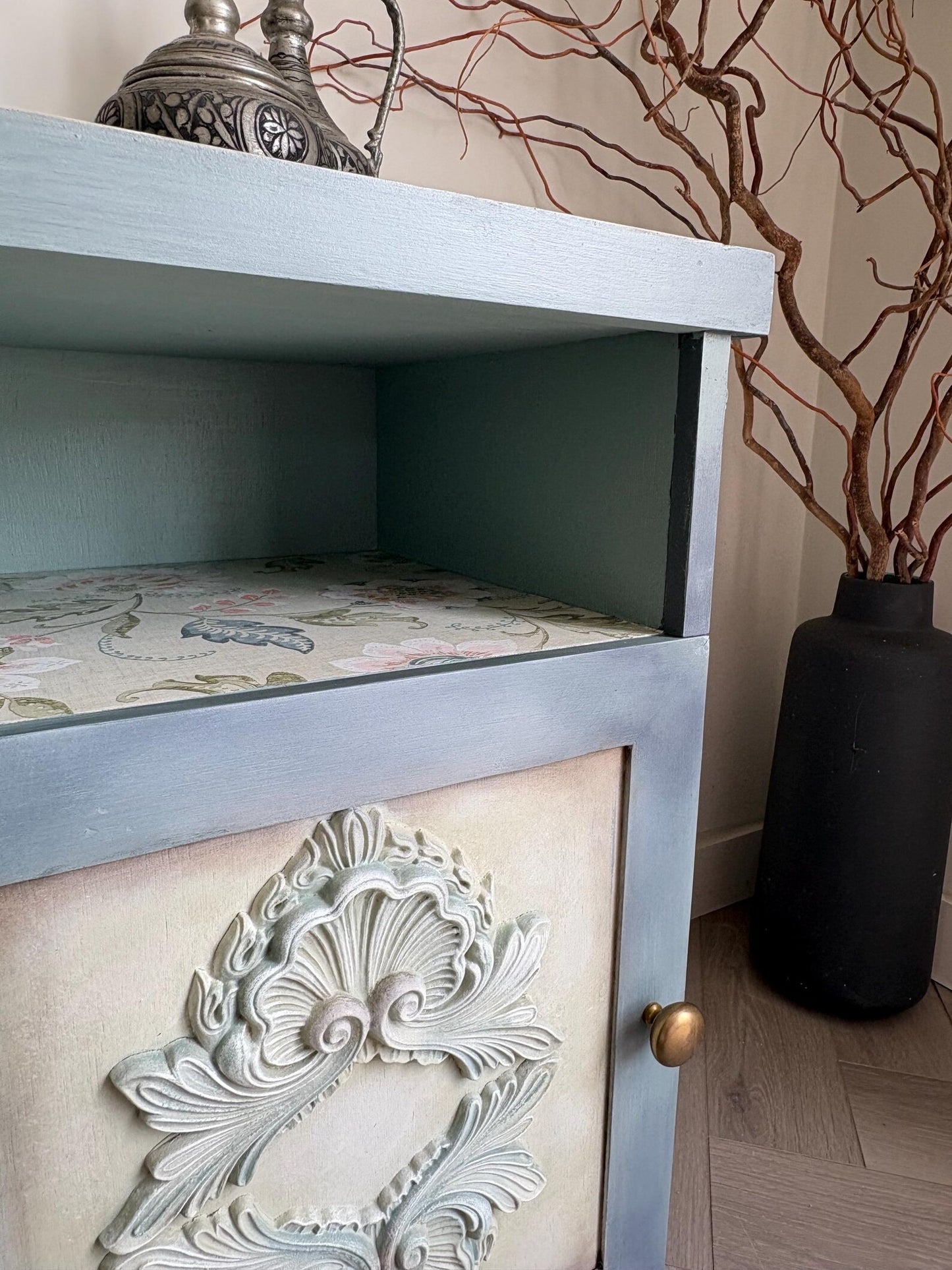 Vintage Bedside Cabinet | Hand Painted Blue Wooden Nightstand | Coastal Cottage Furniture