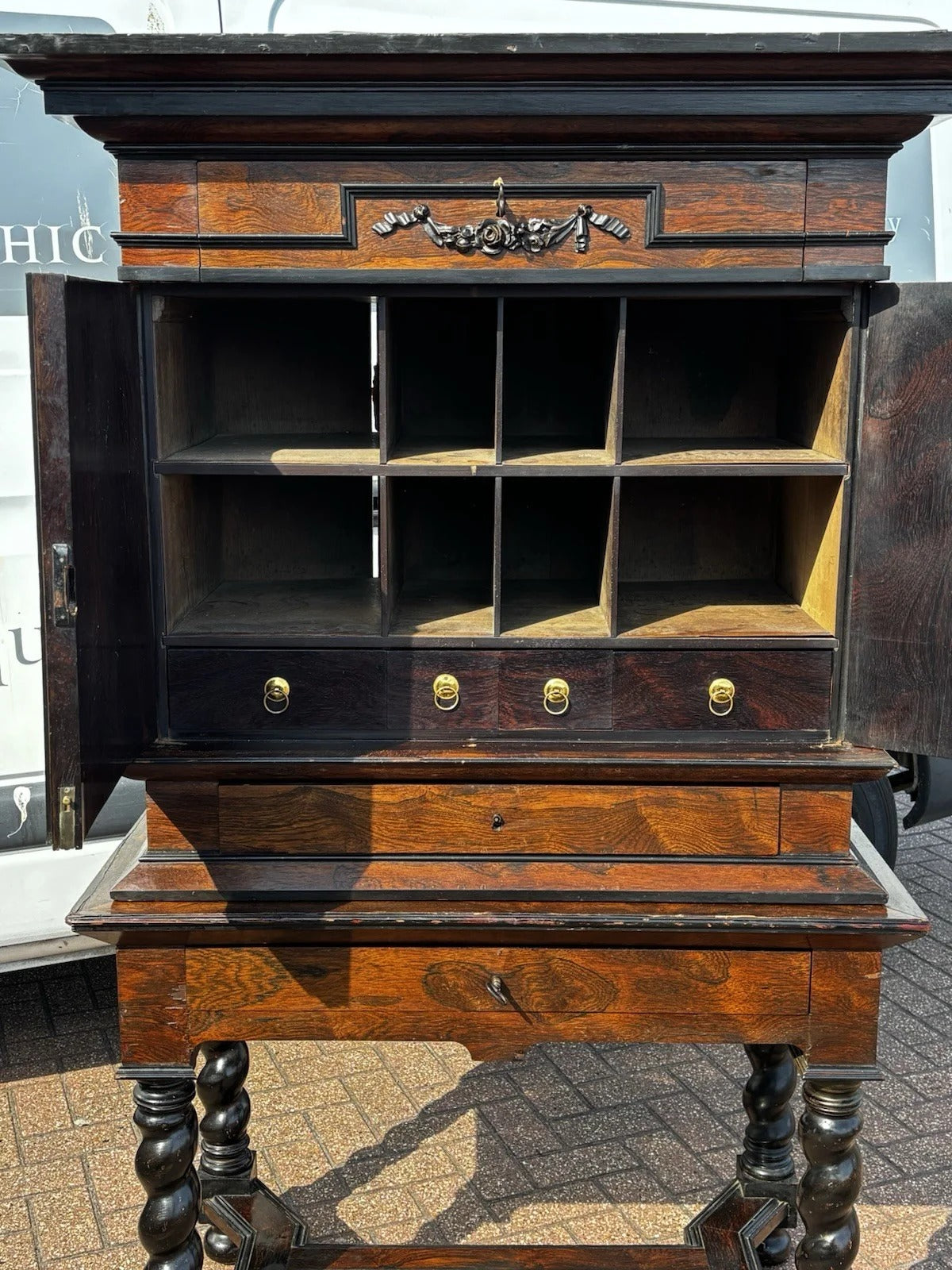Early 18thC Gothic Antique Cabinet On Stand, Lots Of Drawers, Fitted Interior & Pigeon Holes