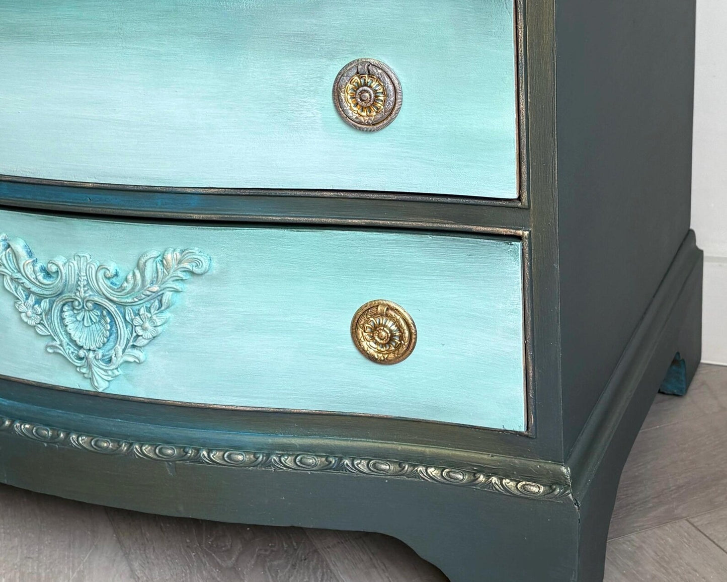 Dark Green, Blue & Metallic Vintage Chest of Drawers, Bow Fronted Mahogany