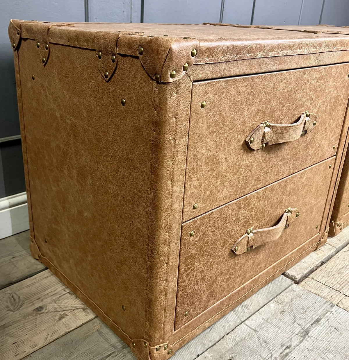 Vintage Leather Bedside Chest of Drawers Matching Pair English Handmade Bespoke