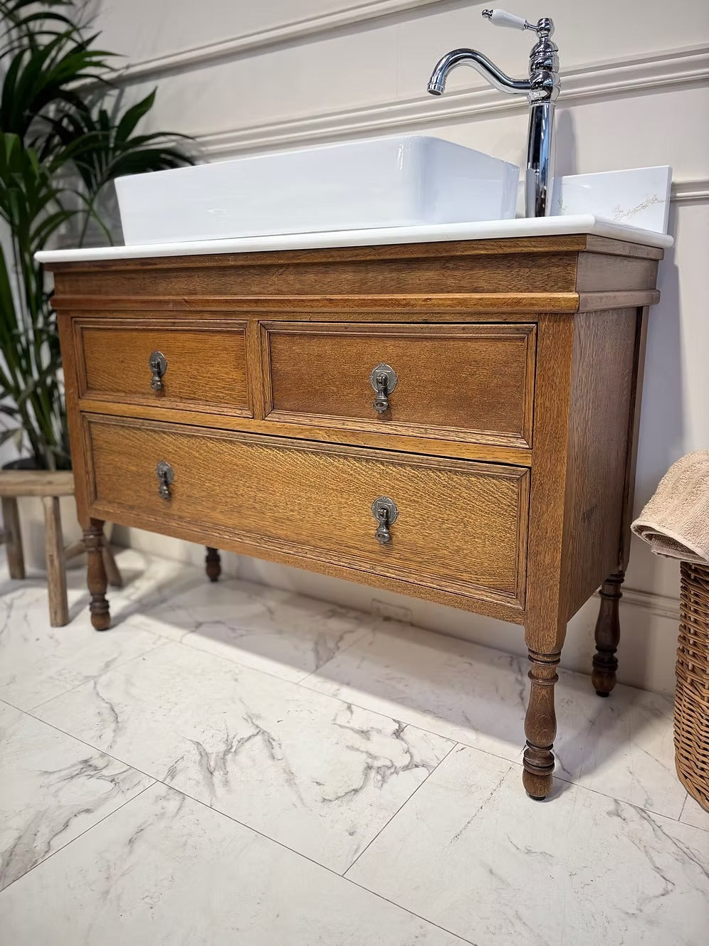 Edwardian Oak Vintage Bathroom Vanity Unit With Basin