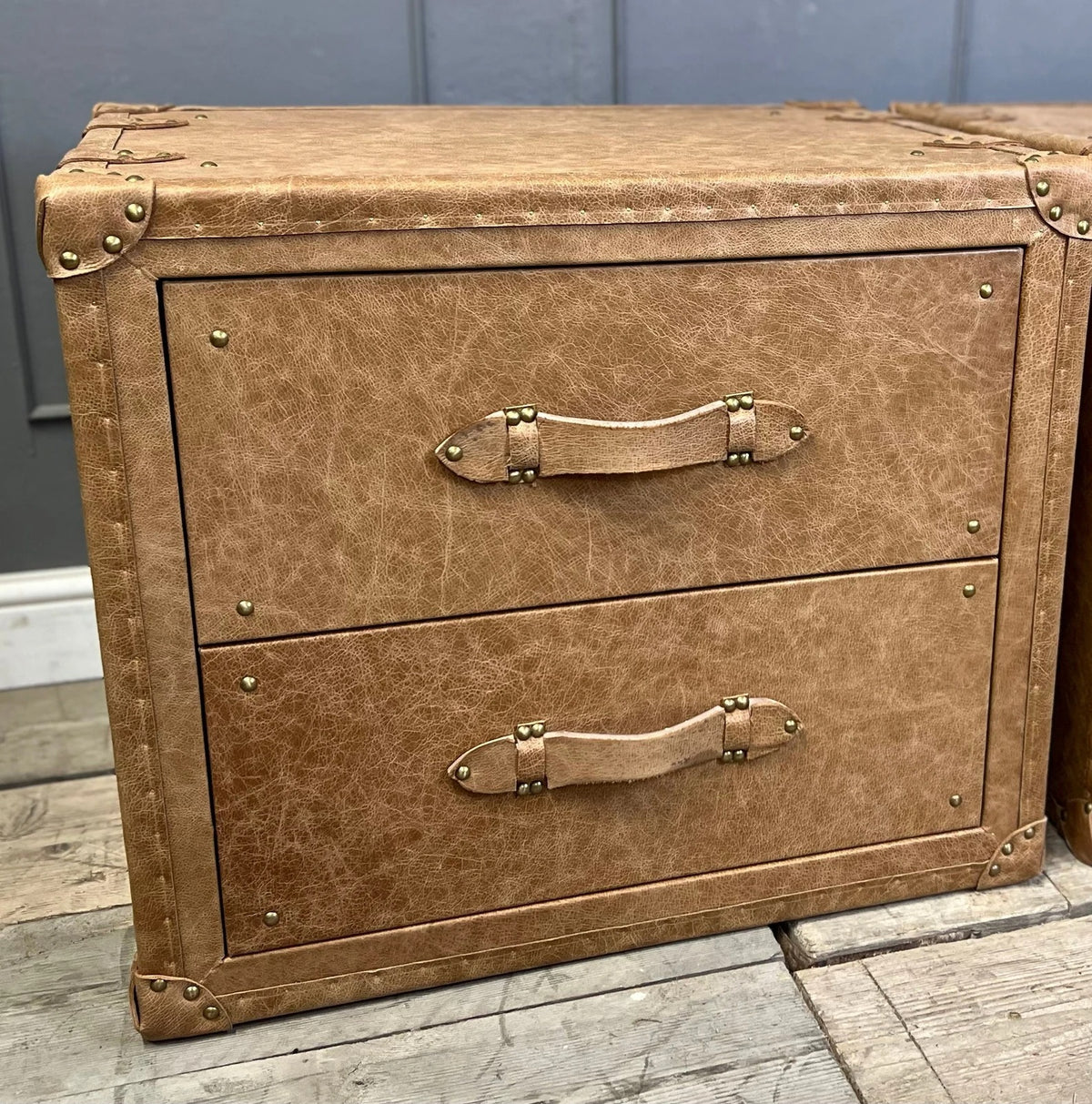 Vintage Leather Bedside Chest of Drawers Matching Pair English Handmade Bespoke