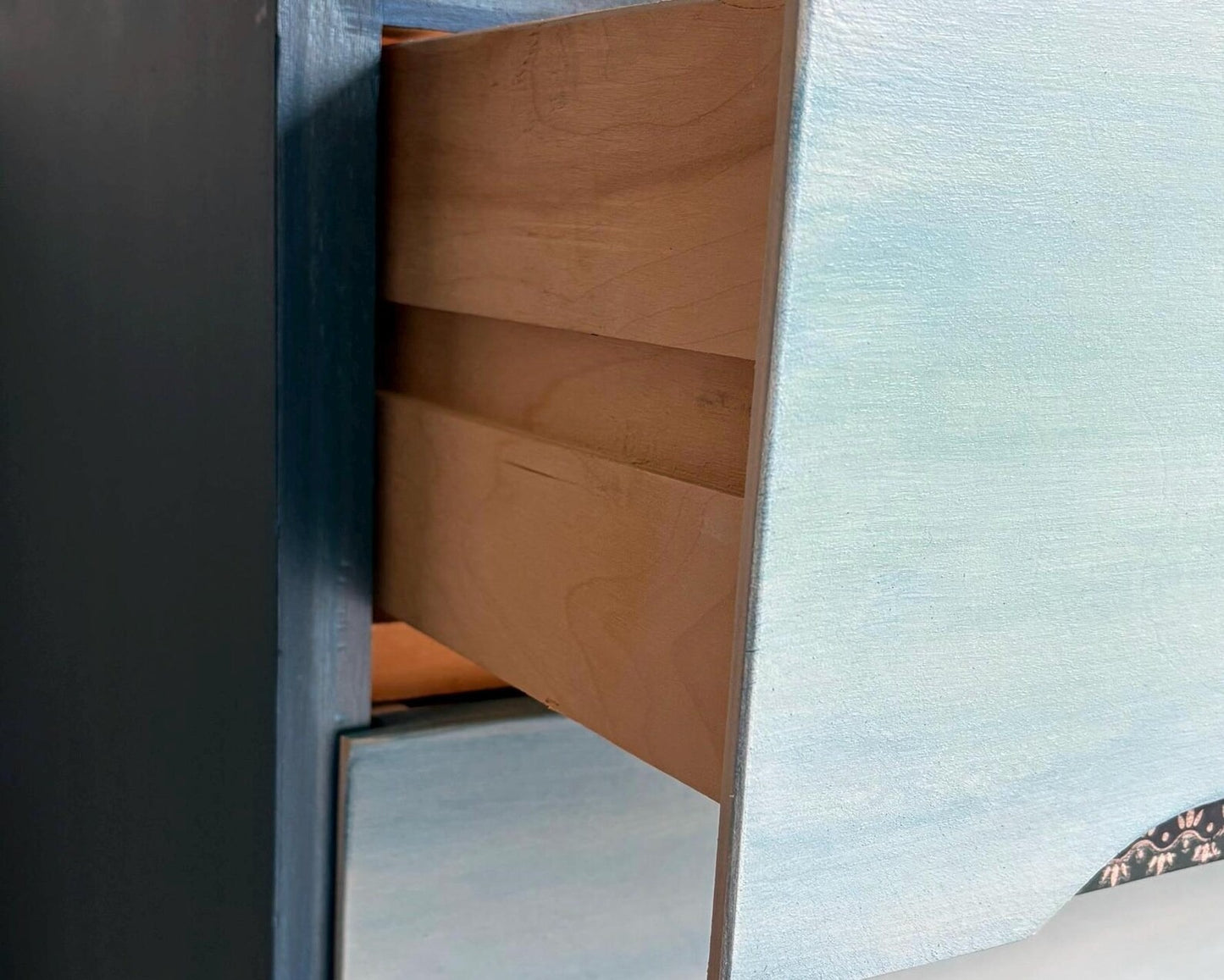 Blue Mid Century Chest of Drawers with Tapered Gold Legs. Boho Style