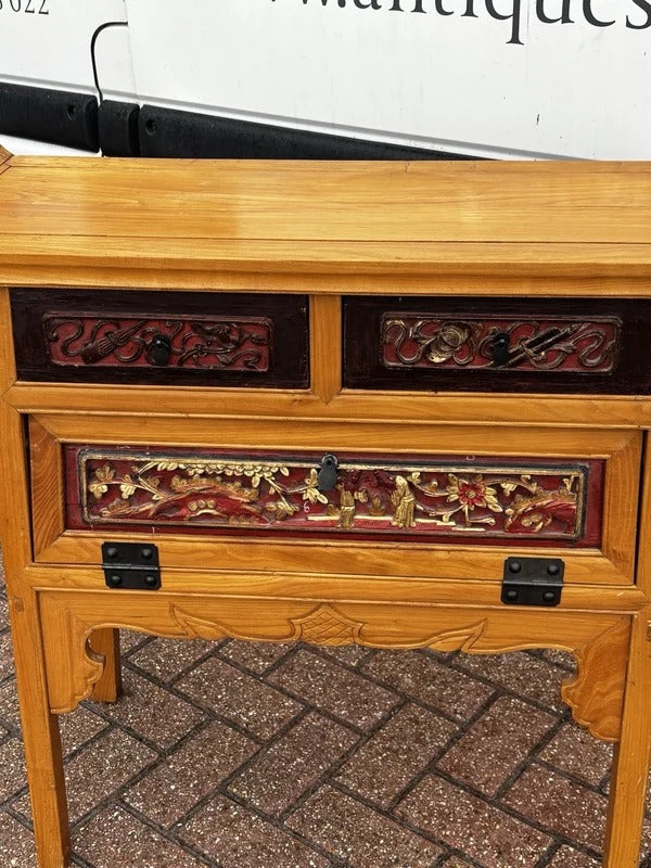 Vintage Oriental Console Table With 2 Drawers And A Cupboard.