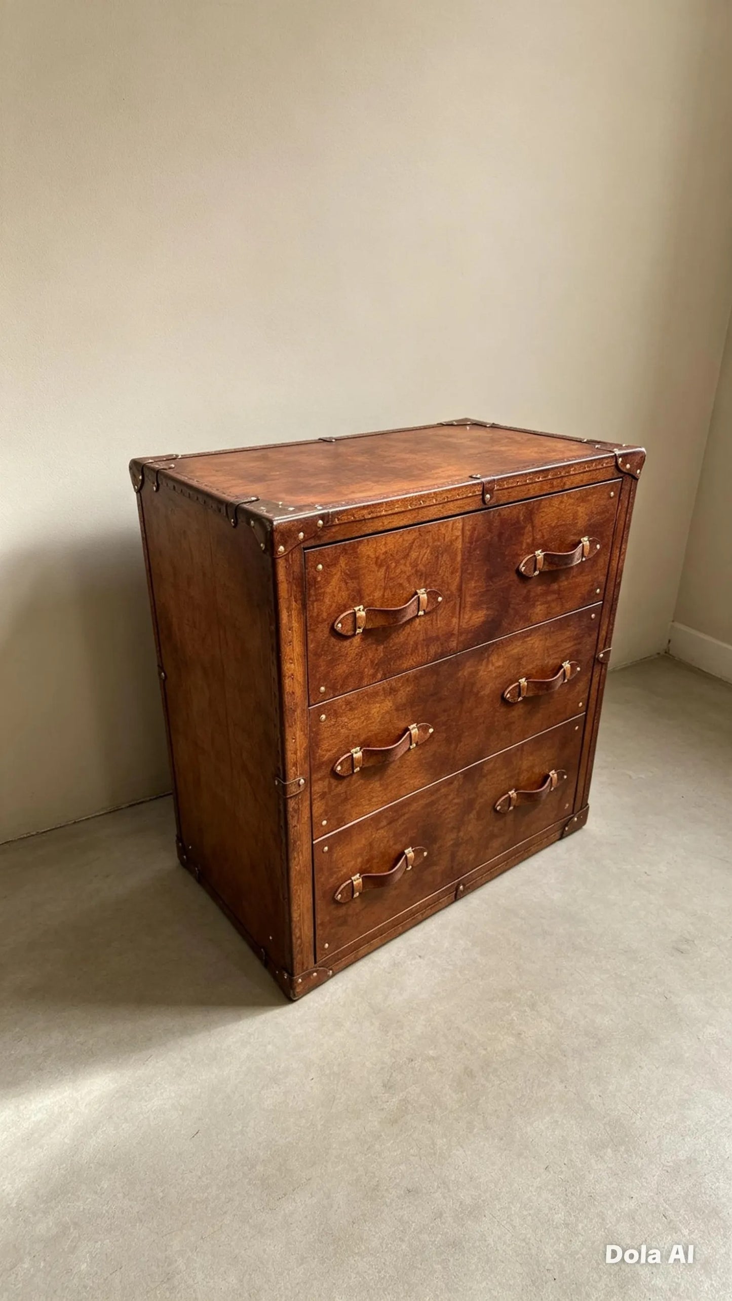Tan Leather Vintage Drawer Handmade Furniture Bedroom Storage Rustic Leather Chest Drawers Custom Wood Cabinet