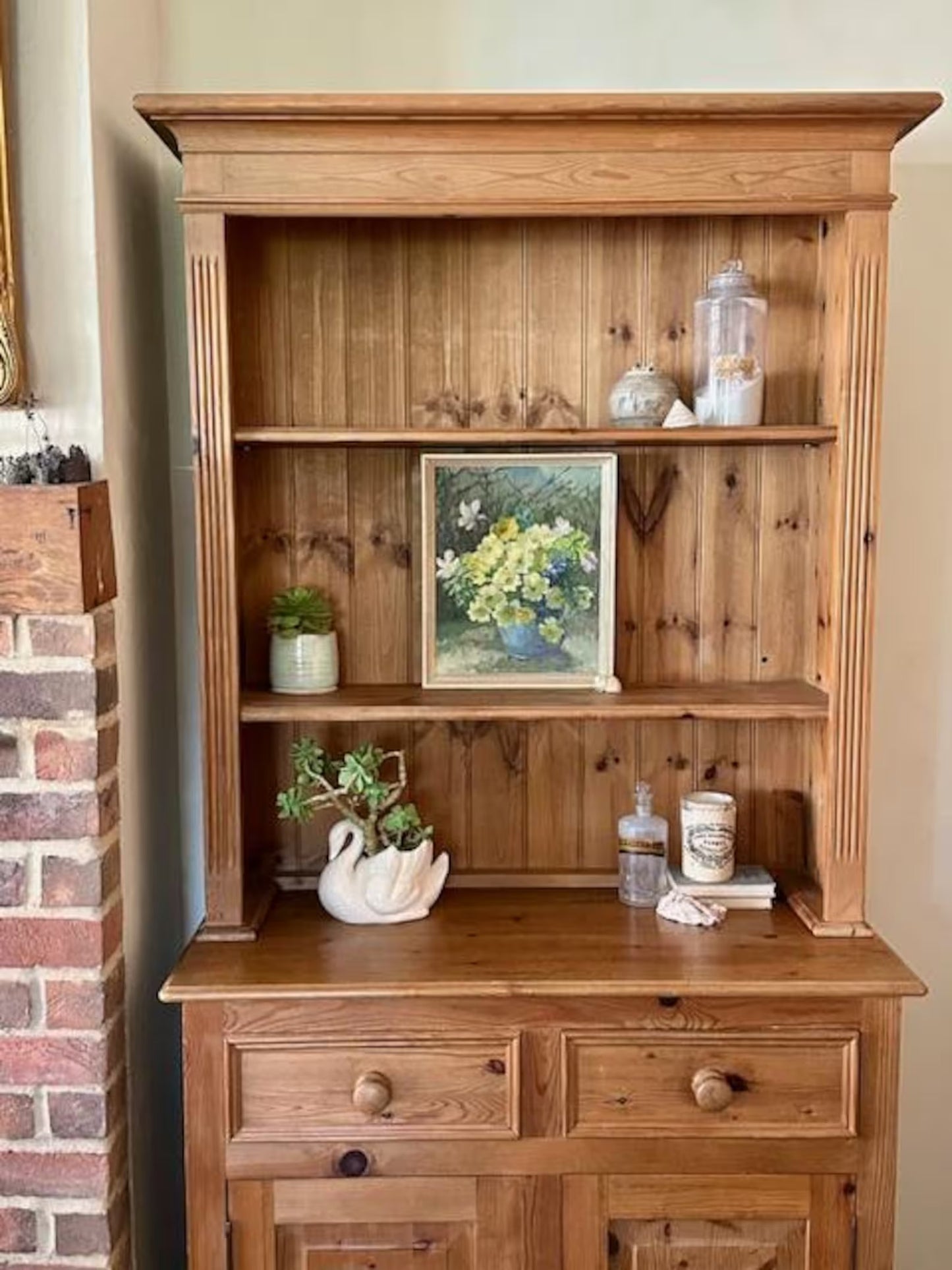 Vintage Pine Kitchen Dresser | Farmhouse Welsh Dresser | English Country Cabinet | Rustic Plate Rack | Solid Pine Storage