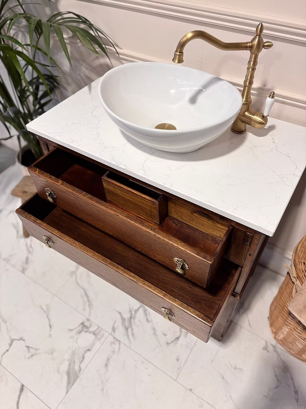 Oak Vintage Bathroom Vanity Unit With Basin