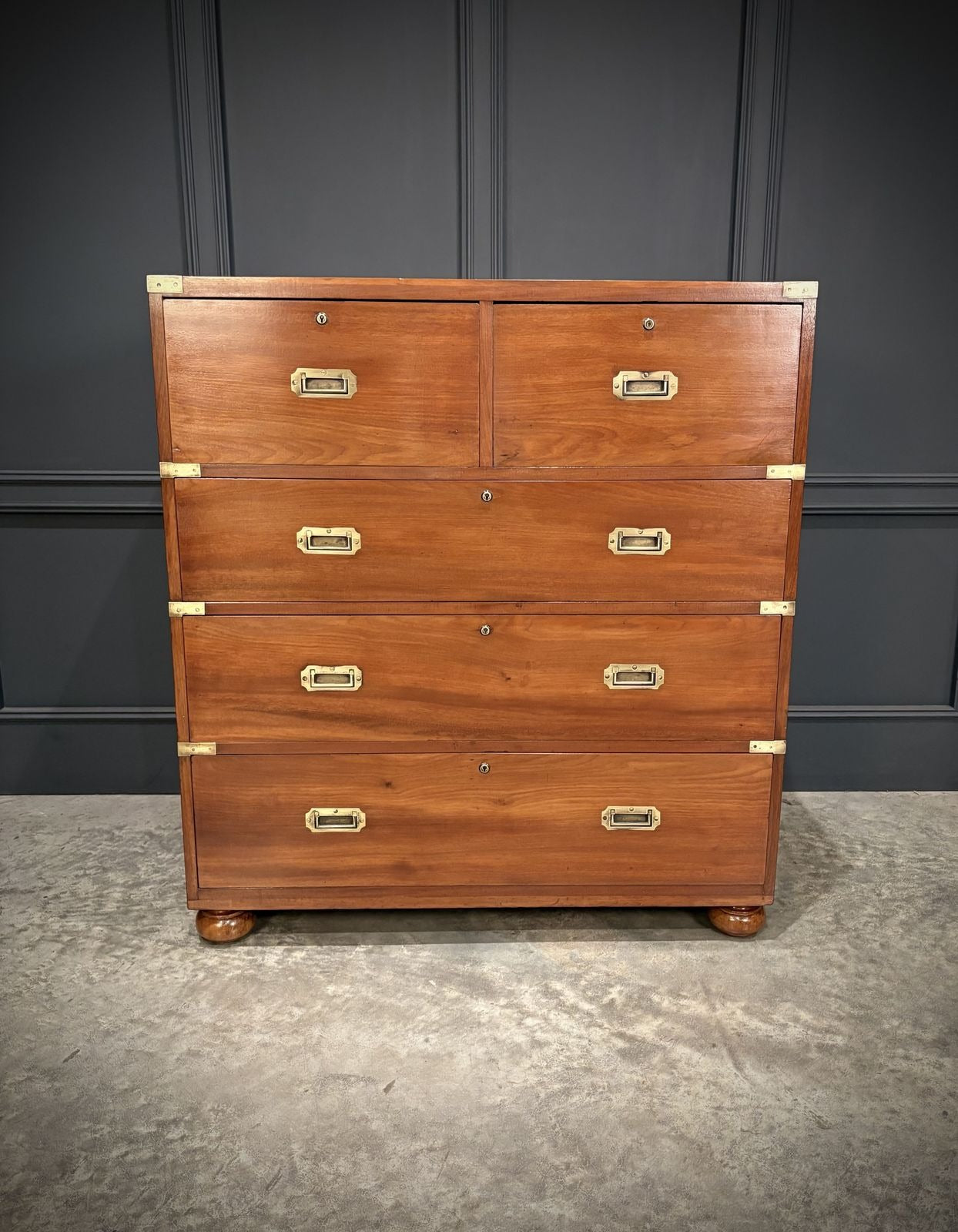 Vintage Tall Boy Mahogany Military Campaign Secretaire Chest