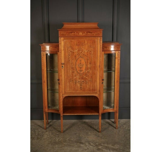 Vintage Edwardian Marquetry Inlaid Mahogany Glazed Display Cabinet