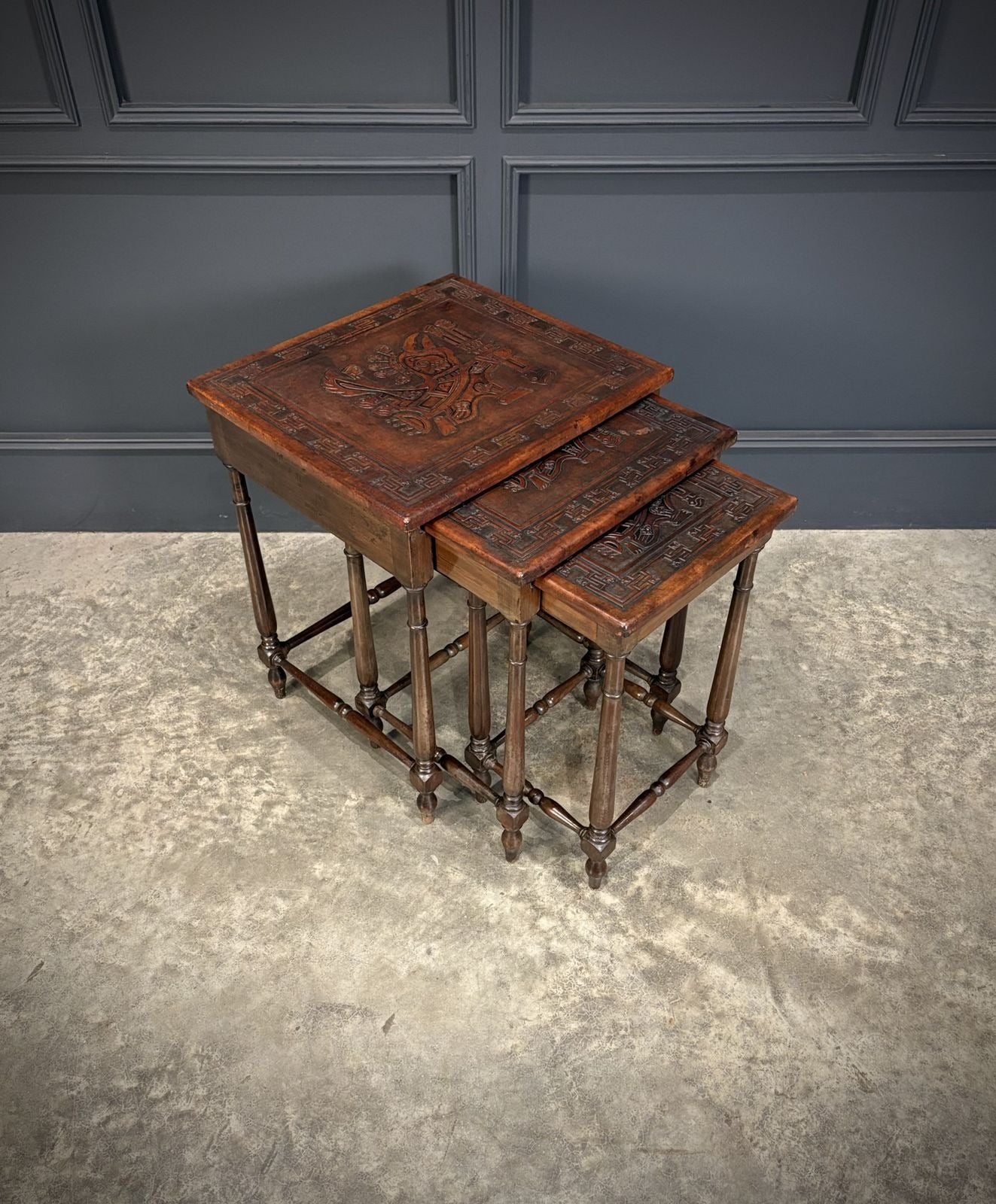 Nest Of Three Embossed Carved Leather Top Tables