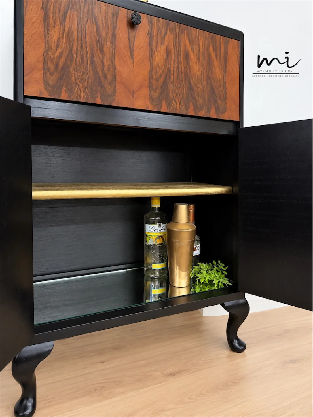 Art Deco Burl Walnut Petit Cocktail Cabinet, Black and Gold, Vintage Drinks Cabinet