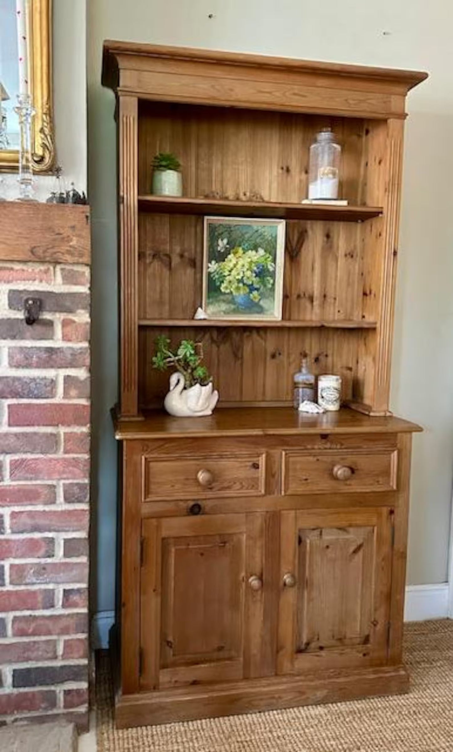 Vintage Pine Kitchen Dresser | Farmhouse Welsh Dresser | English Country Cabinet | Rustic Plate Rack | Solid Pine Storage