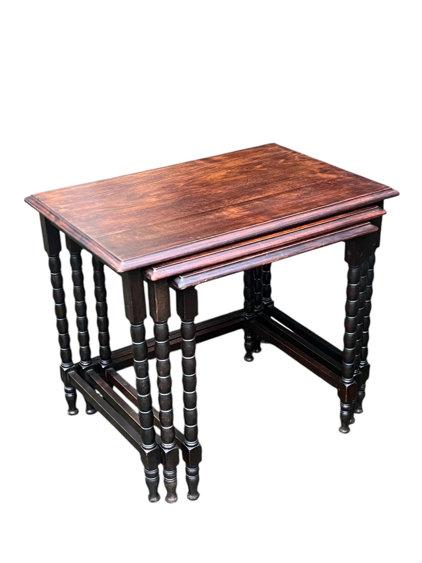 Antique early 20th century Ebonised Oak Bobbin nest of tables