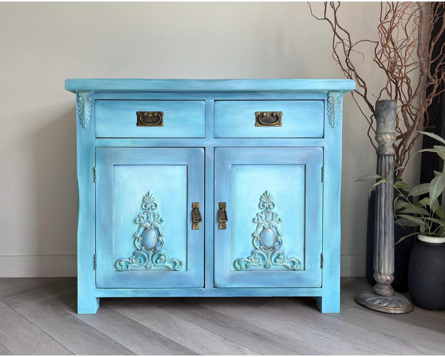 Turquoise & Blue Oak Sideboard | Cabinet, Storage Cupboard Hand Painted