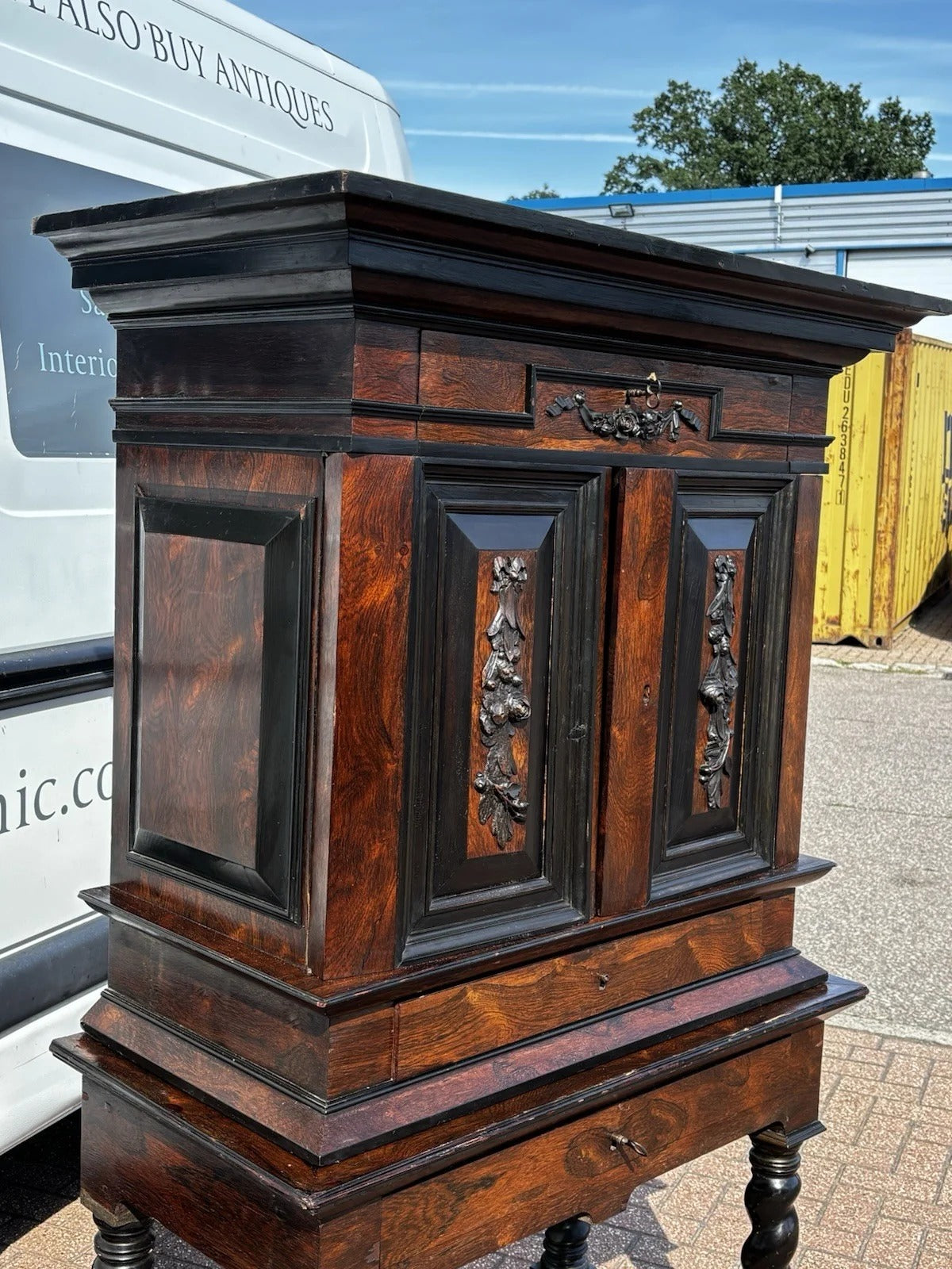 Early 18thC Gothic Antique Cabinet On Stand, Lots Of Drawers, Fitted Interior & Pigeon Holes