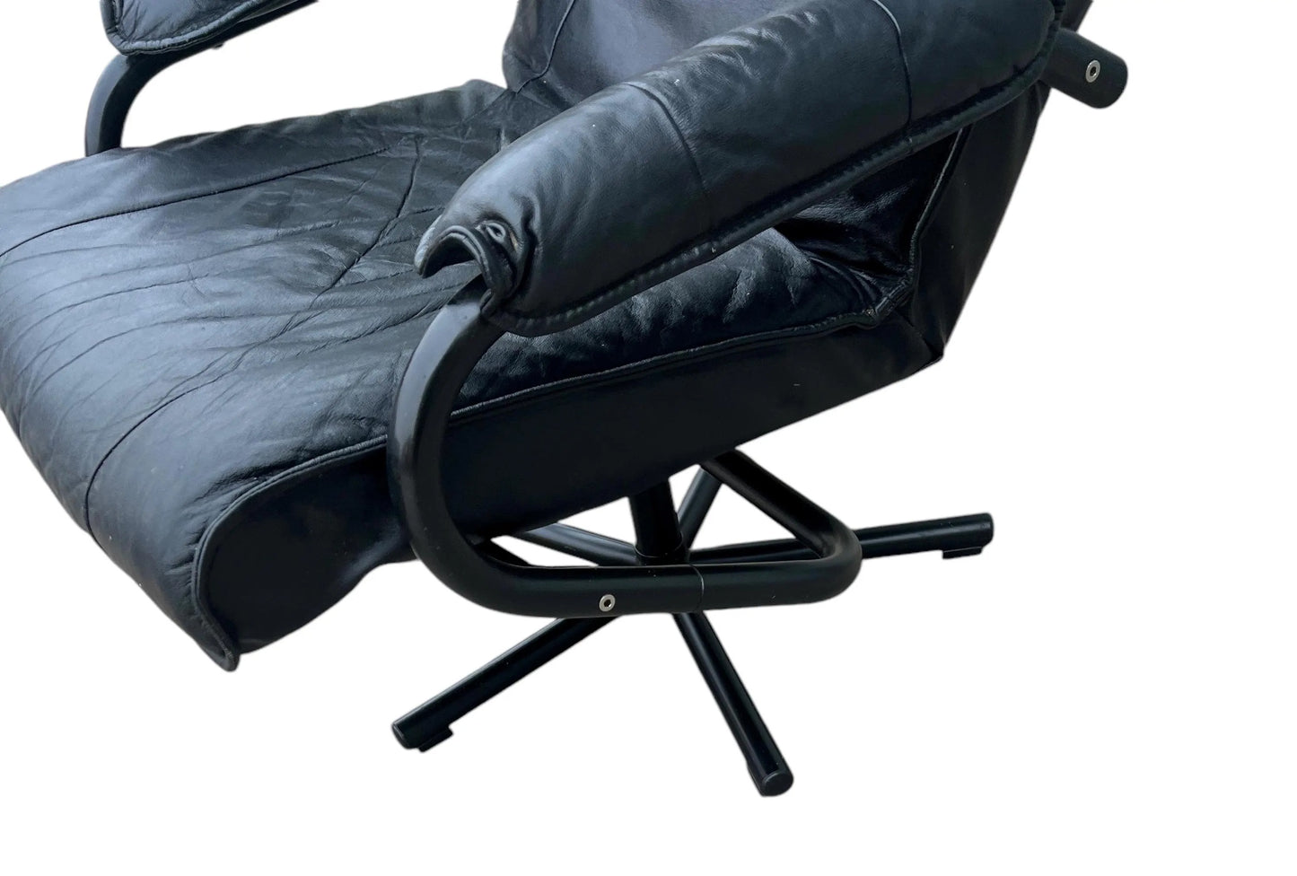 Black Mid century recliner swivel chair and stool in the manner of Kebe Mobler