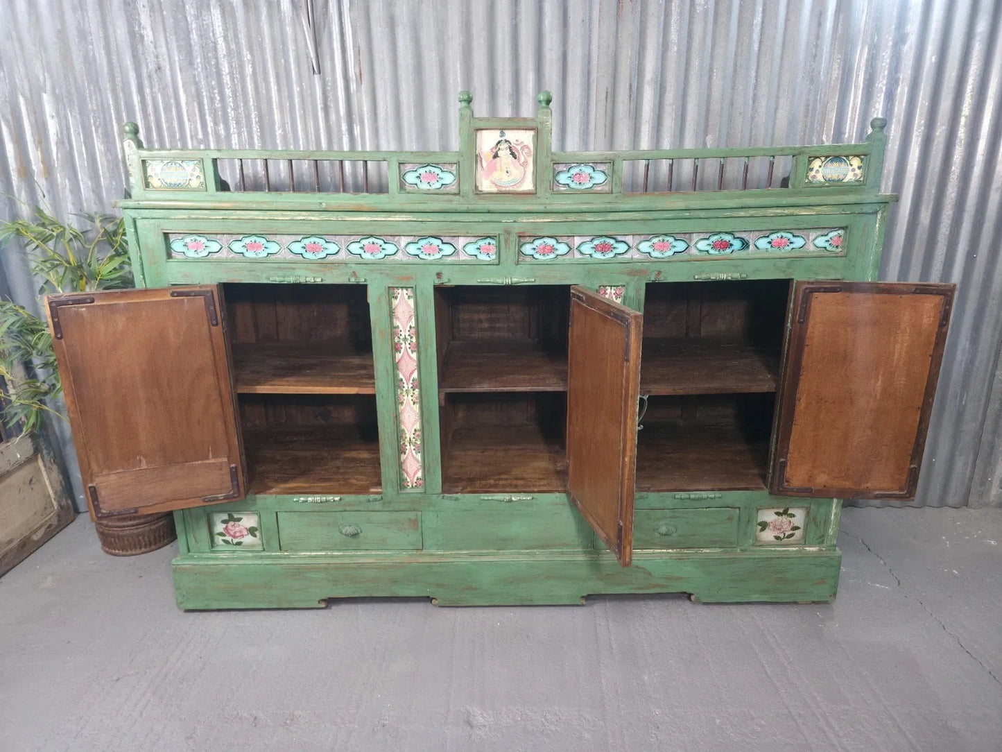 Green Vintage Indian Colonial Solid Wooden Glazed Sideboard Drinks Cabinet