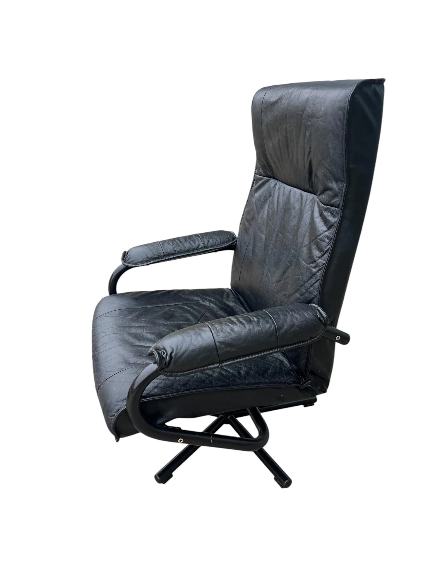 Black Mid century recliner swivel chair and stool in the manner of Kebe Mobler
