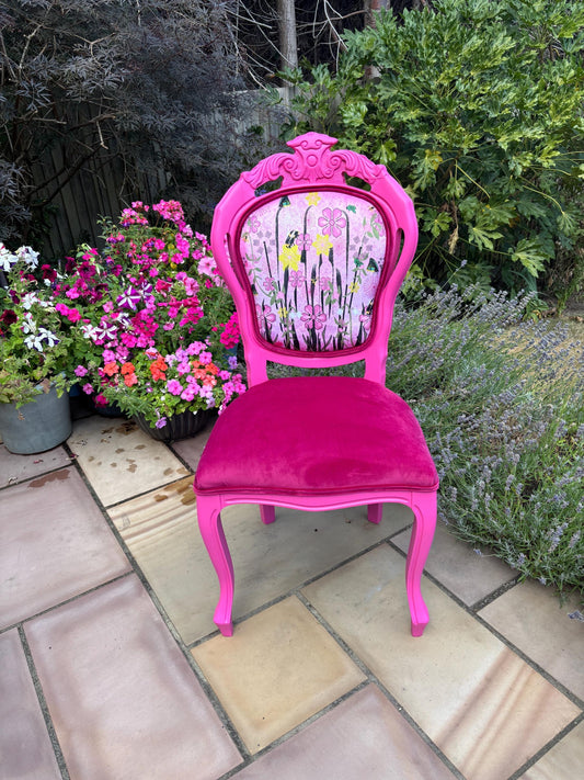 Vintage Style Accent Chair, Pink Floral Velvet One of a Kind Chair, Maximalist Painted Furniture