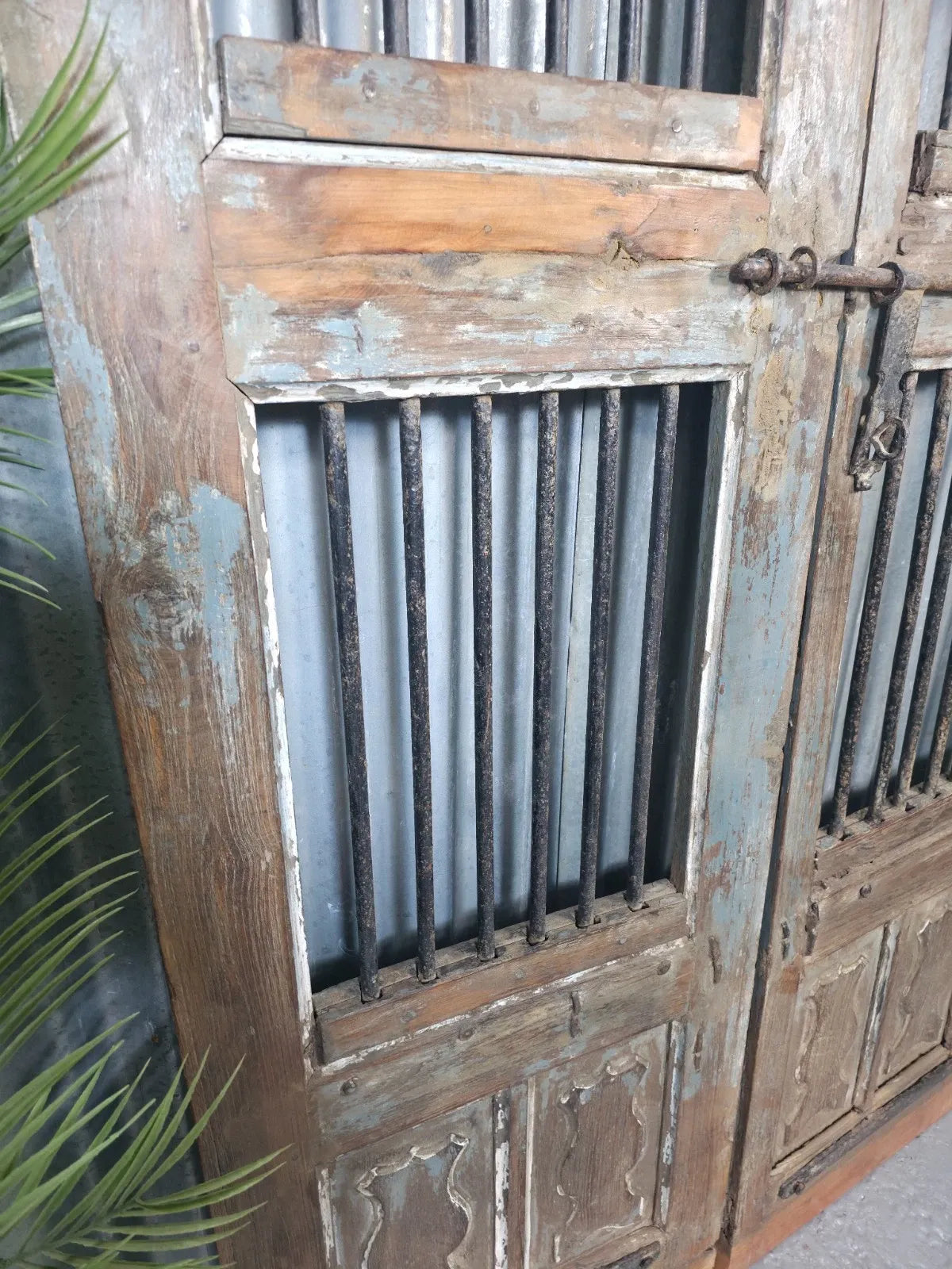 Vintage Pair of Rustic Indian Wooden Iron Doors Garden Gates Room Divider Screen